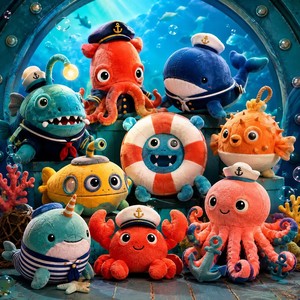 Set de Muñecos de Peluche OEM de Aventura en el Mar Profundo, Figuras de Peluche de Pescado Linterna <span class=keywords><strong>Marinero</strong></span>, Pulpo Rojo, Cangrejo Puffer y Narval - Product Image 1