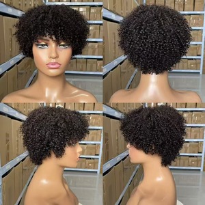 Perruques en cheveux humains 100% purs à prix d'usine abordable, perruque courte bouclée crépue sans dentelle, perruque brésilienne en cheveux humains avec frange - Product Image 3