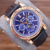 Montre Chronographe de Luxe pour Homme en Gros, Boîtier Doré en Cristal Saphir, Calendrier Phase de Lune, Aiguille Bleue, Bracelet en Cuir, Style Affaires