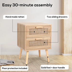 Modern Rattan Bedside Table Solid Wood Legs Two Drawers Bedroom Living Room Hotel Apartment Versatile <strong>Nightstand</strong> Standing <strong>Mirror</strong> - Product Image 5