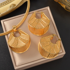 luxury statement western women 18k gold plated hollow fan pendant <b>snake</b> chain trapezoid drop dangle earrings and necklace set - Product Image 1
