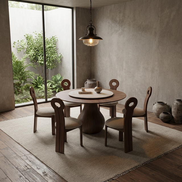 Modern Round Solid Ash Wood Dining Table Rotating Lazy Susan Sintered Stone Turntable Durable 6-Seater Dining Room Furniture