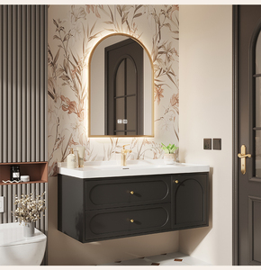 Meuble-lavabo mural de salle de bain de luxe moderne gris foncé laqué en PVC, avec vasque en céramique, miroir et deux tiroirs – Nouveauté 2026 – Fournisseur d'usine - Product Image 3