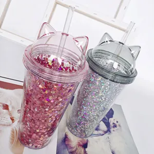 Newest style reusable boba cup Double Walled Summer Plastic Clear flash cat cup tumbler with straw custom