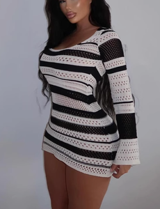 Yüksek verimli rahat yaz plaj elbise Hollow uzun seksi çizgili tatil örme dokuma yöntemi örme elbise - Product Image 2