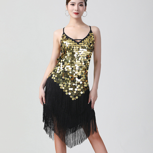 Robe de performance de danse latine pour femme, sexy, à paillettes, à sequins et à franges, col en V, dos nu, à ourlet asymétrique, style nuisette - Product Image 2