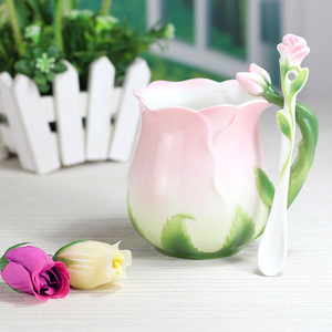 Hot Selling European Style Exquisite 3D Rose Flower Shape Disposable Eco-Friendly Multi Colors Large Capacity <b>Ceramic</b> <b>Mug</b> Spoon - Product Image 6