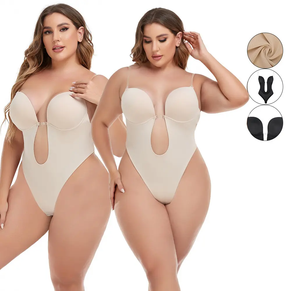 Body feminino de estampagem sexy com decote em V para mulheres, modelador de cintura com sutiã acolchoado e flexível, modelador de corpo sem costas