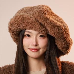 <b>Teddy</b> Fleece Beret For <b>Women</b> Brown Winter Warm Hat With Thickened Fabric And Octagonal Design For Fashionable Look - Product Image 1