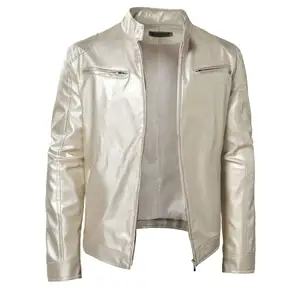 Customized high quality performance dress Standing Collar Leather Jacket in Gold and Silver Men's host emcee studio jacket coat