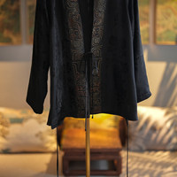 Veste longue pour femme, style chinois, en soie de mûrier noire haut de gamme, brodée, en matériaux recyclés, modèle 1681