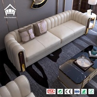 Luxuriöses Echtleder-Sofa-Set mit Goldring-Griff und Holzarmlehne - Komplettlösung für Wohnzimmermöbel in Villen
