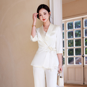 Women's White Satin Suit Set Three Quarter Sleeve Formal Wear Summer Anti-Wrinkle Pants Jacket Set - Product Image 2