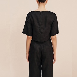 <span class=keywords><strong>Pantaloni</strong></span> Neri da Donna a Vita Alta con Apertura Frontale a Gancio, Dettaglio Pieghe Invertite, Gamba Larga, 100% Lino - Product Image 3