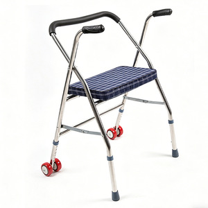 Stainless Steel Walking Aid Folding Four Legged Wheeled <b>Push</b> <b>Walker</b> Height Adjustable For Elderly Rehabilitation Equipment - Product Image 2