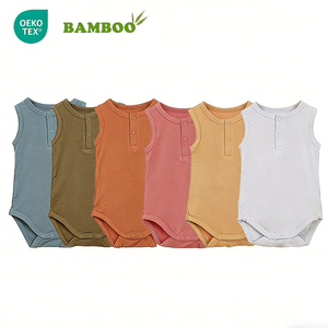 Romper Bayi Pendek Musim Panas Tanpa Lengan Bahan Viscose Bambu Lembut dengan Kancing di Selangkangan (Grosir) - Product Image 1