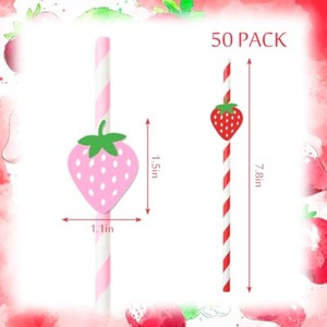 Pink And <b>Red</b> Strawberry Striped <b>Paper</b> Straws 20 Pieces Disposable Biodegradable For Summer Drinks Weddings Birthdays - Product Image 3