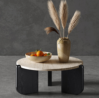 Table basse ronde multifonction en travertin naturel avec pieds en bois de noyer, table moderne de luxe avec plateau en pierre pour salon