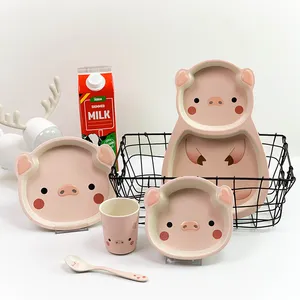 4 pçs/set Bebê Louça Dos Desenhos Animados Crianças Alimentação Pratos Crianças Bambu Fibra Tigela Garfo Copo Colher Dinnerware Set