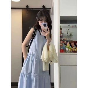 S1MAN1 Sleeveless Tiered Dress Light Blue O Neck Loose Fit Casual Daily Wear - Product Image 2