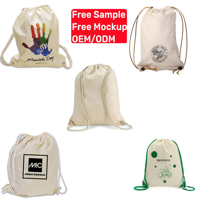Custom Logo Casual Cotton Canvas Drawstring Backpack Eco Friendly Reusable Promotional Waterproof Large Capacity Beach Foldable