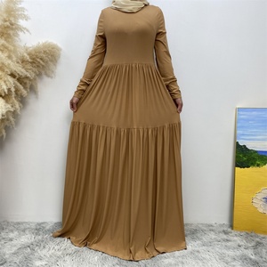 6344# New Long Dress Cotton Material Round Neck Pleated Slim Sleeves With Back Zipper With Side Pockets Simple Elegant Dress - Product Image 3