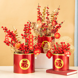 Fleurs artificielles, baies rouges, houx, arrangement du Nouvel An chinois, décoration festive faite à la main pour la maison ou en cadeau - Product Image 2