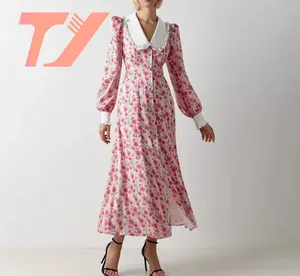 TUOYI colección de primavera único Vintage elegante cintura alta señoras vestidos de manga larga mujeres Floral Casual Maxi vestido