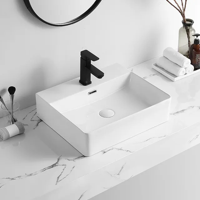 Évier de salle de bain rectangulaire en porcelaine design moderne mince lavabo personnalisé blanc bon marché