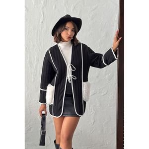 Topshow Women's Black Quilted <b>Suede</b> <b>Jacket</b> with Plush Pocket Details, Elegant Warm Outerwear for Autumn Winter. - Product Image 2