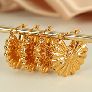 Flower Petal Drop Earrings 18K Gold Plated <b>Titanium</b> Steel Exaggerated Design Hollow Everyday Wear EH708 - Product Image 1