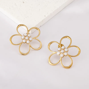 Boucles d'oreilles pour femmes en acier inoxydable 304 plaqué or 18 carats de haute qualité, électroplaqué sous vide, perle artificielle, fleur creuse, polie - Product Image 3