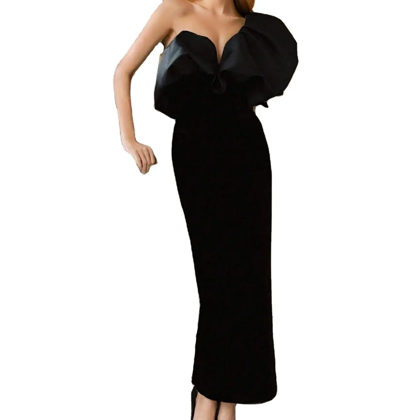 Bir omuz parti elbise akşam Backless Ruffles siyah tek omuz kabarık pileli 3d tasarım Bodycon bandaj Maxi elbise