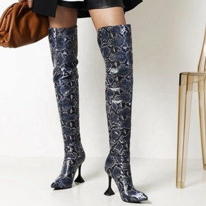 Bottes longues pour femme, grande taille 43, en similicuir serpent, à bout pointu, talon chaton, montantes au-dessus du genou, avec fermeture éclair arrière, tendance - Product Image 2