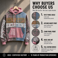 Sweat à capuche zippé personnalisé bleu délavé 360 g/m² avec empiècements, imprimé varsity, motif camouflage et rose, style streetwear OEM ODM