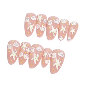 Faux ongles personnalisés de style français, 24 pièces, couverture complète, coquilles 3D minimalistes océaniques, en forme d'étoile, faux ongles courts en forme d'amande - Product Image 2