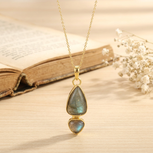 Hip Hop Jewelry Natural Labradorite Pendant Necklace 18k Gold Plated Double Cabochon Gemstone Fashion Chain Necklace For Women - Product Image 6