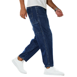 <strong>Men's</strong> Dark <strong>Denim</strong> Blue Relaxed Drop Crotch <strong>Jeans</strong> Mid Waist Utility Casual Style Breathable and Washable for All Seasons - Product Image 4