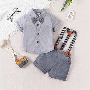 Vêtements d'été personnalisés pour bébés <span class=keywords><strong>ensemble</strong></span> de vêtements formels pour enfants avec nœud papillon chemise à rayures <span class=keywords><strong>short</strong></span> à bretelles <span class=keywords><strong>ensemble</strong></span> de vêtements pour tout-petits garçons - Product Image 3