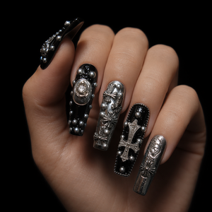 Faux ongles à presser Chrome Croix Gothique, aspect métallique, longs, couvrants, avec colle, design personnalisé - Product Image 6