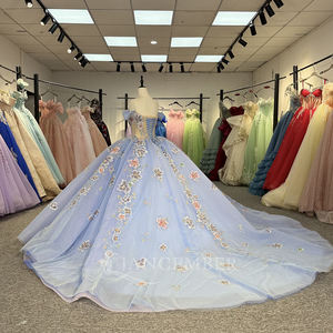 For 1343 Elegant Blue Illusion Flower Pearls <b>Quinceanera</b> 15 Xv Anos Floor-Length Ball Natural Crystal Beading Appliques - Product Image 3