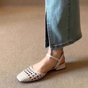 Sheepskin Version~Women's Artistic Retro Woven Cutout <b>Low</b>-<b>heel</b> Closed Toe <b>Sandals</b>, Summer French <b>Ankle</b> <b>Strap</b> Buckle Mesh <b>Sandals</b> - Product Image 3