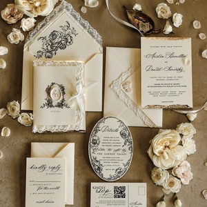 Invitación de Boda de Lujo con Encaje, Papel Offset, Impresión Tipográfica, Monograma Floral en Relieve, Borde Decorativo, Diseño Elegante en Color Marfil - Product Image 1