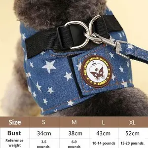 Accessoires <span class=keywords><strong>pour</strong></span> animaux de compagnie Nylon Denim gilet chat harnais à la mode impression écologique chien <span class=keywords><strong>laisse</strong></span> marche en plein air <span class=keywords><strong>pour</strong></span> les humains Teddy chaîne ensemble - Product Image 6