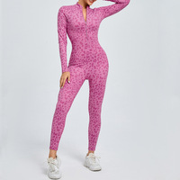 Aoyema Combinaison de yoga sexy à imprimé léopard pour femmes, à manches longues, avec fermeture à glissière, combinaison une pièce pour vêtements de sport
