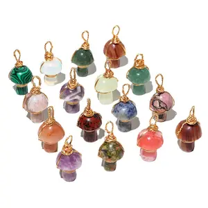 2022 wholesale nice jewelry gem stone pendant accessories gold woven gemstone natural stone mushroom crystal pendant necklace