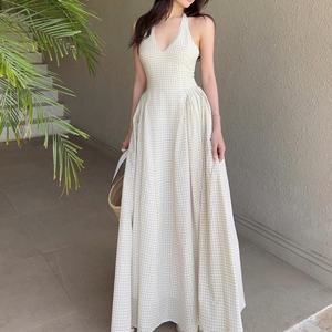 Nuevo Vestido Casual de Mujer a la Moda, de Algodón y Lino a Cuadros, Espalda Descubierta, Estampado de Guingán Blanco, con Cuello Halter y Cordones, Vestido Blanco de Verano - Product Image 3