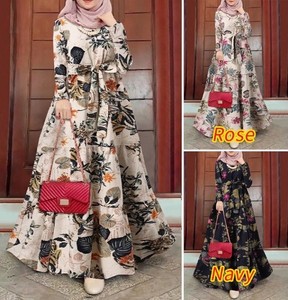 2024 çiçek artı boyutu pamuklu uzun kollu tişört gevşek pilili İslam türkiye giyim kadın müslüman Maxi uzun elbise Abaya - Product Image 2