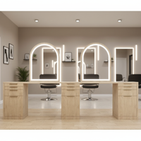 Station de coiffure moderne et durable en acier inoxydable avec miroir LED incurvé double face et table pour salon de coiffure