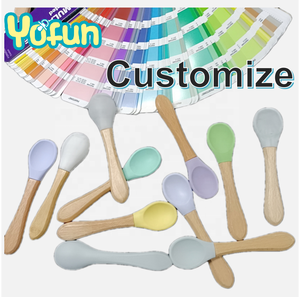 Cuillère et fourchette pour tout-petits en silicone de qualité alimentaire avec manche en bois, couleur personnalisée OEM, matériau résistant à la chaleur, cuillères à long manche - Product Image 5